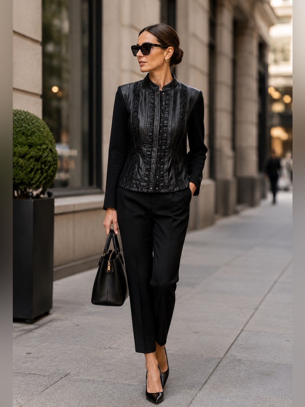 PETER NYGARD Women’s Black Ruffle Studded Leather & Stretch Knit Jacket M